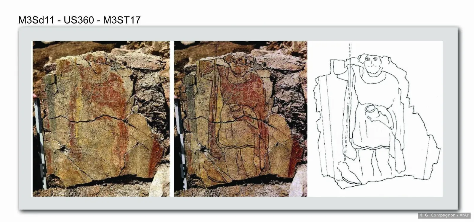 Autel en pierre orné d'une peinture représentant le dieu gaulois Sucellus.
