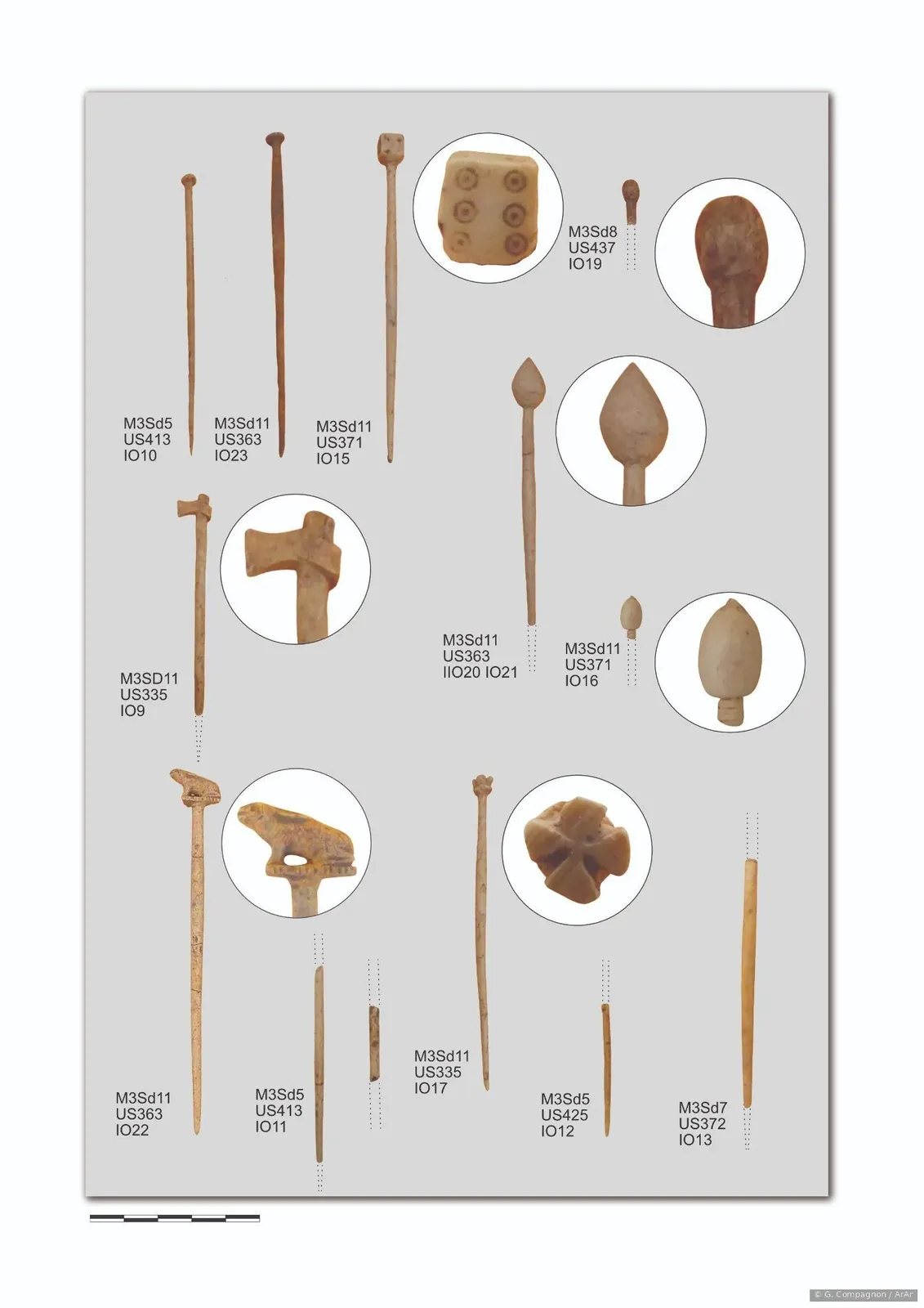 Planche d'épingles en os de différentes formes, certaines décorées, issues du temple M3.